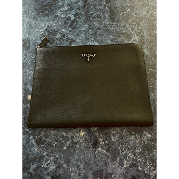Prada Saffiano Logo Leather Document Briefcase Black $1,720 - Picture 1 of 9